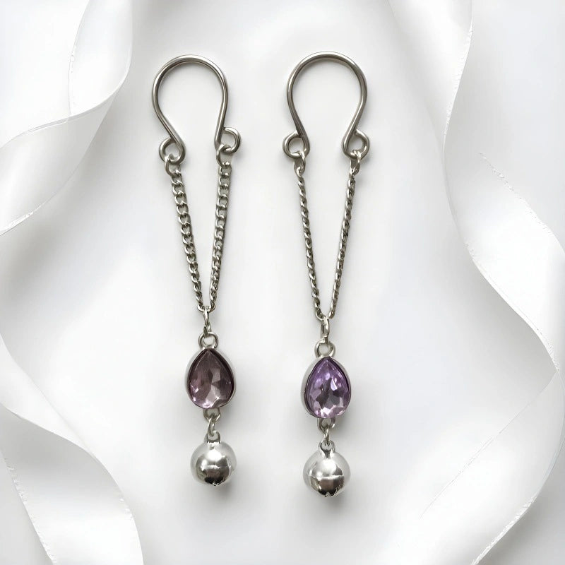 Stainless Steel Fake Nipple Ring Set | Teardrop CZ Dangle Bell | Non-Piercing Body Jewelry
