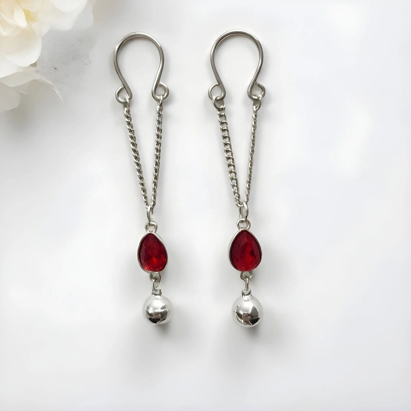 Stainless Steel Fake Nipple Ring Set | Teardrop CZ Dangle Bell | Non-Piercing Body Jewelry