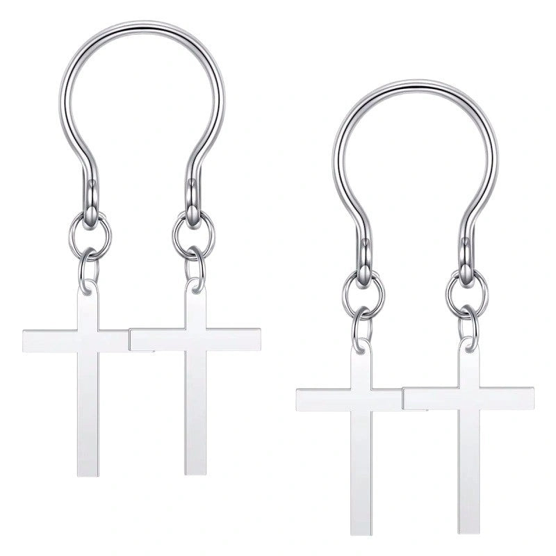Stainless Steel U-Shape Fake Nipple Rings | Star Cross Dangle Non-Piercing Nipple Jewelry