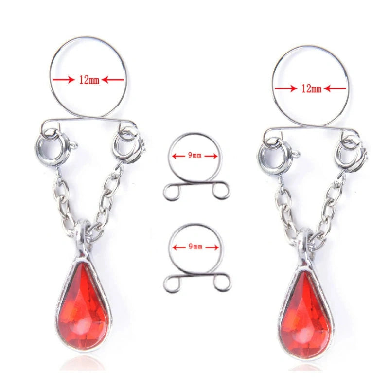 Crystal Fake Nipple Rings – Non-Piercing Adjustable Nipple Jewelry with Dangle Chain