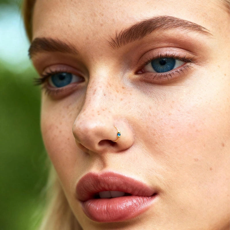 14K Gold Filled Blue Gem Nose Ring Hoop 24G 7mm Handmade Thin Nose Piercing Jewelry