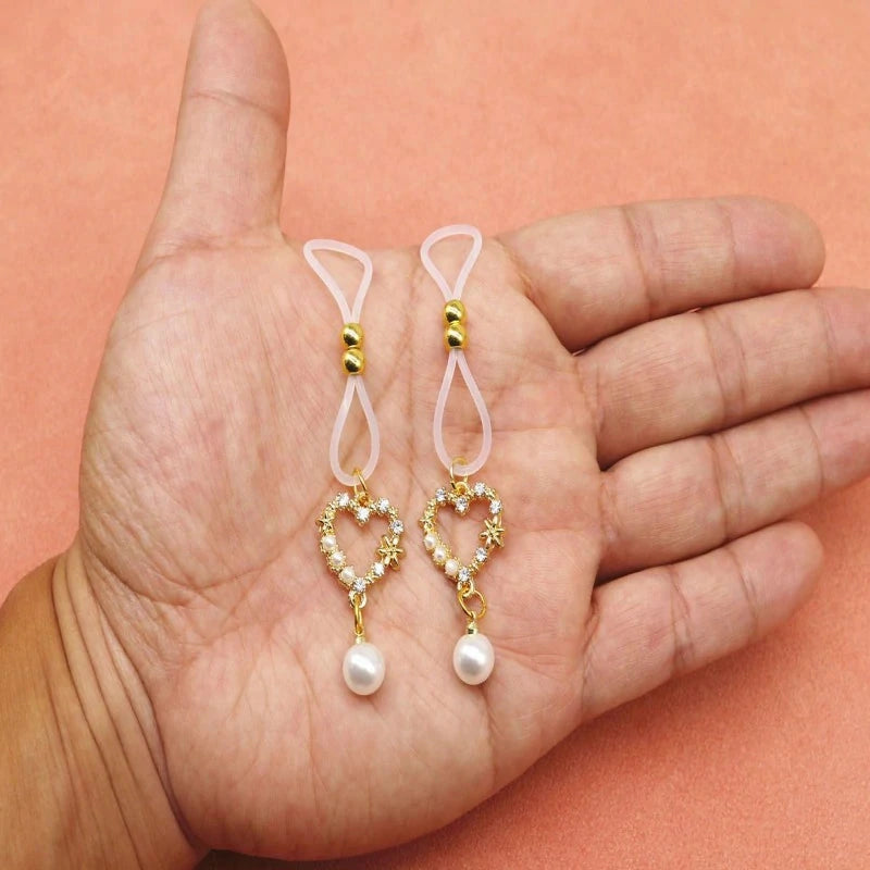 Non-Piercing Nipple Noose Gold Heart Pearl Nipple Jewelry – Adjustable Body Chain