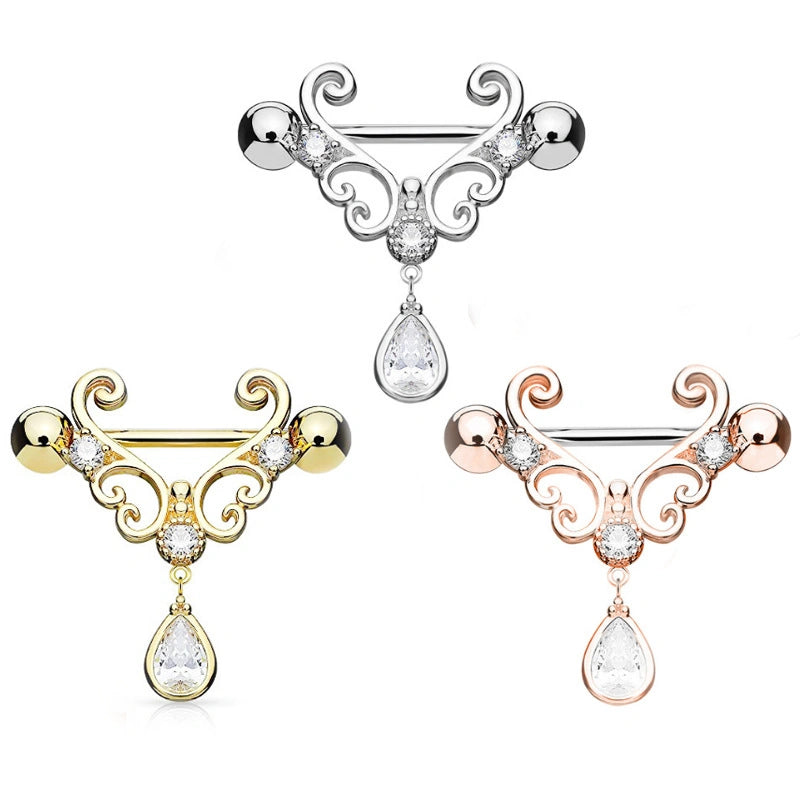 Stainless Steel Teardrop Dangle Nipple Ring – Hollow Out Body Piercing Jewelry for Women